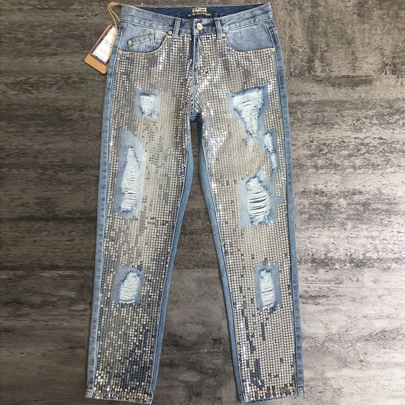 Женские рваные джинсы с блестками | Женская одежда