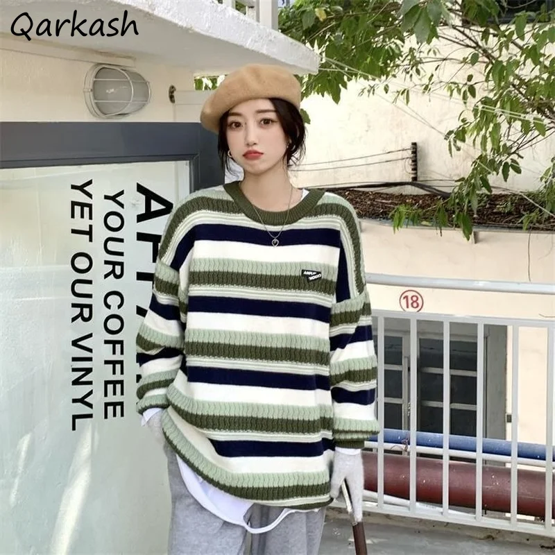 

Pullovers Women Retro Loose Patchwork Striped Knit Sweater Classic Chic Females Streetwear Leisure Ulzzang Autumn Winter Trendy