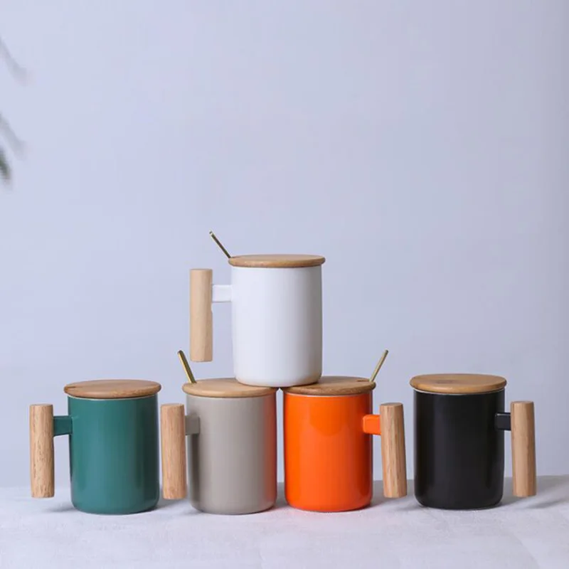 

Creative Literary Ceramic Coffee Cup With Wooden Handle Pottery Tea Milk Beer Mug With Lid Spoon Water Cup Home Office Drink Mug