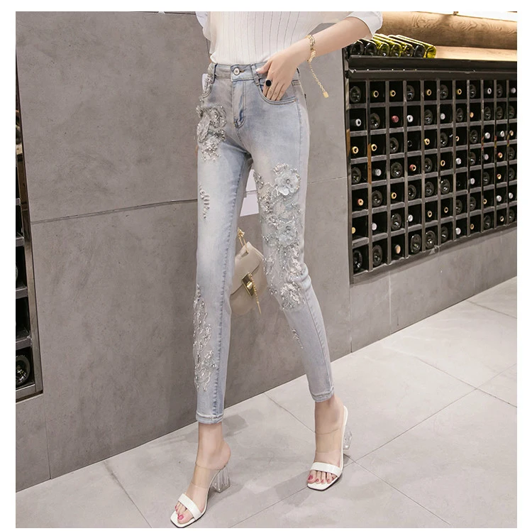 Женские узкие джинсы с высокой талией рваные джинсы-карандаш цветочной вышивкой