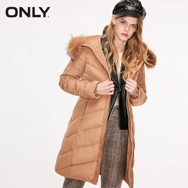 Только для женщин отбеленный Slim Fit енота меховой воротник длинный пуховик пальто парка | 118312526