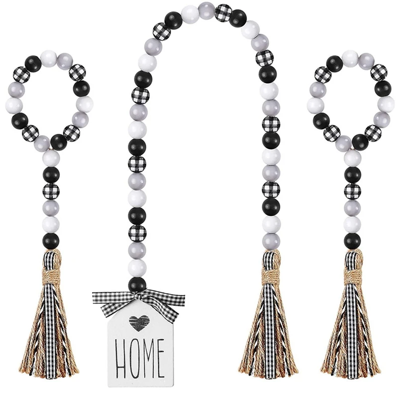 

3 Pack Wood Beads Garland with Tassels Farmhouse Rustic Bead Garland with Home Sign Farmhouse Wall Hanging Decorations