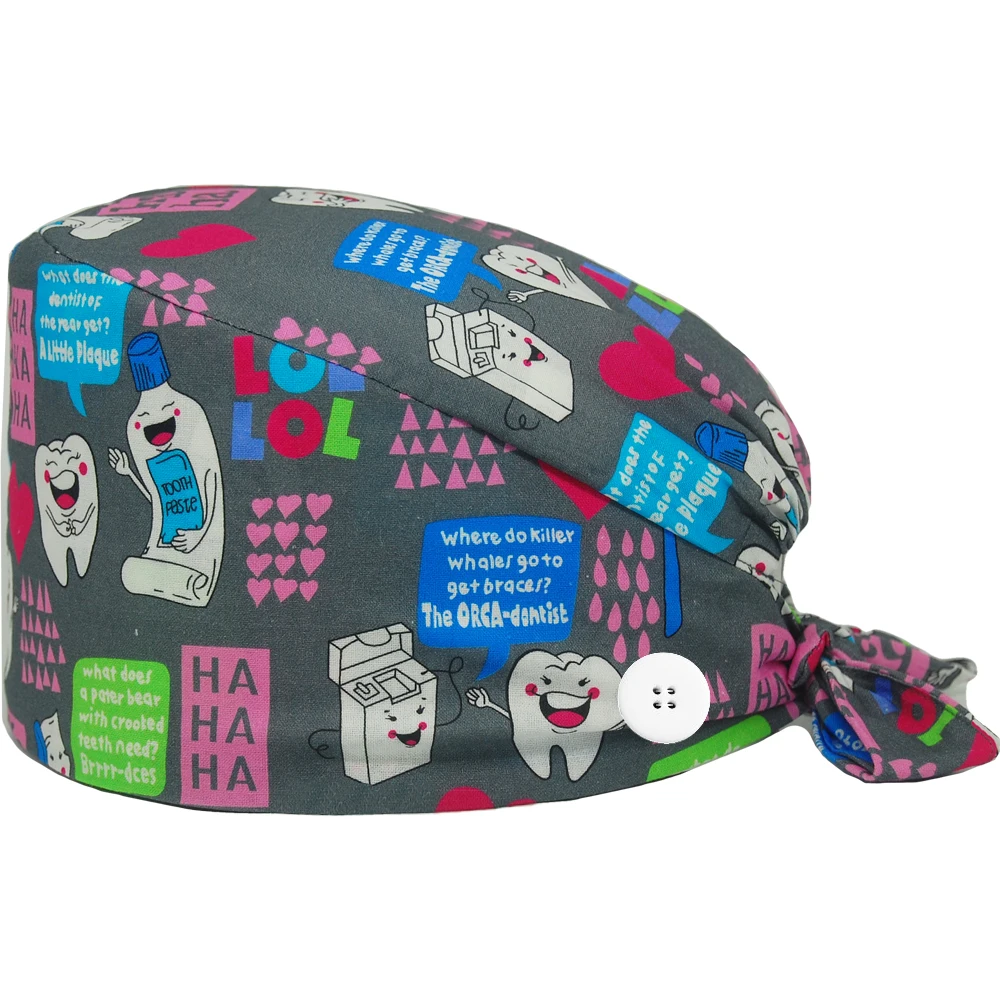 Новая хирургическая шапочка регулируемая Хлопковая с принтом зубов для женщин и