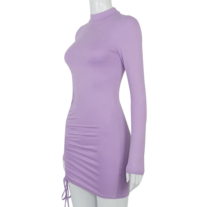 

Sexy Mini Dress Women Clothes Fall 2021 Long Sleeve O Neck Lace Up Draped Tight Dresses Woman Party Night
