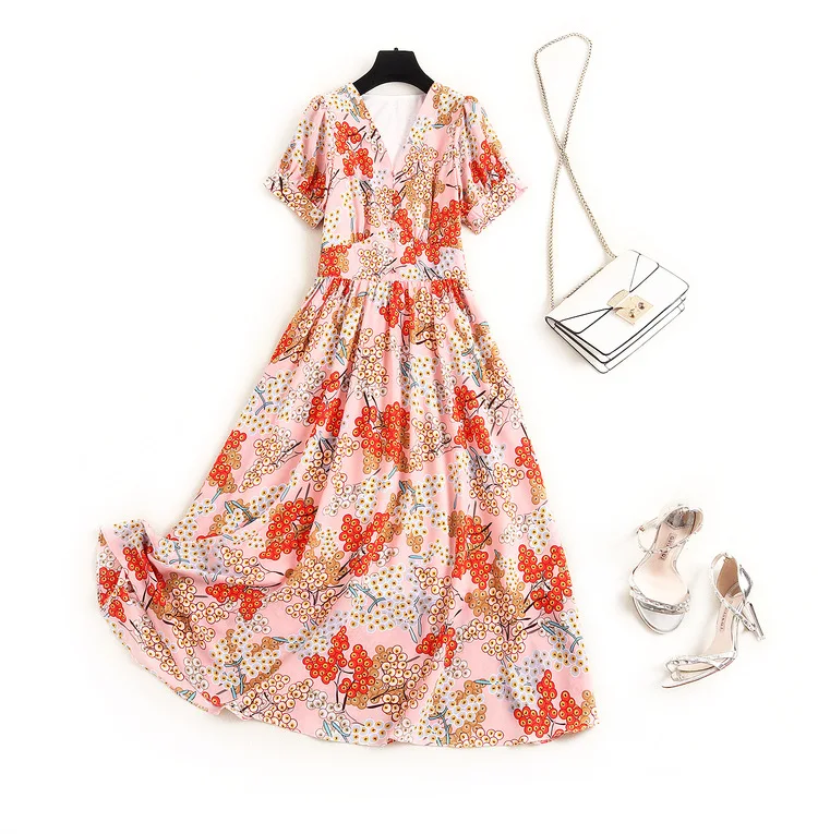 

Runway Fashion Summer Dress 2020 High Quality Designer Short Sleeve V-Neck Flower Print Party Holiday Long Dress