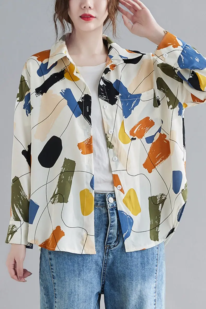 

Early Autumn 2021 New Plus Size Long Sleeve Printed Shirt Women's Loose Casual Vintage Single Breasted Blouse And Tops M92