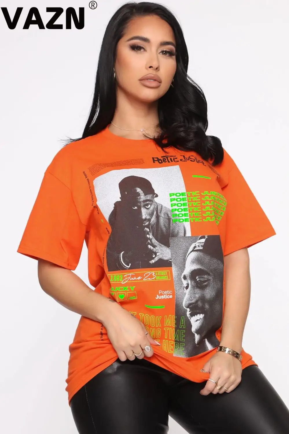 VAZN Popular 2020 summer sexy lady black oragne character print mini dress short sleeve O-neck T shirt young casusal | Женская одежда