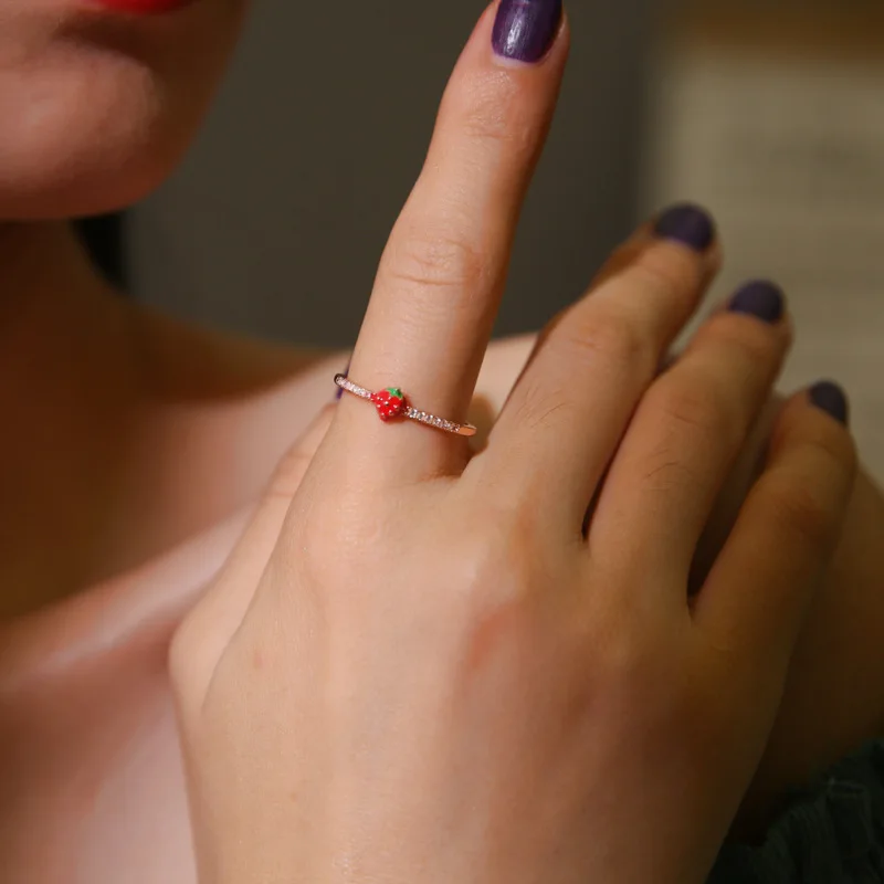 

Strawberry zircon ring opening adjustable size rose gold fashion copper engagement jewelry confession charm lady birthday gift