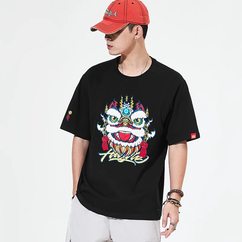 

summer fashion couple tops Chinese style heavy industry embroidered lion dance cotton loose short-sleeved T-shirt men clothing