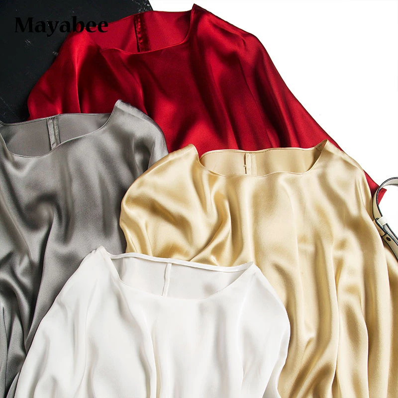 

Heavy Satin Mulberry Silk Women's Top T-Shirt 2021 Spring And Summer New Product Three-Quarter Sleeves Silky Loose Fashion