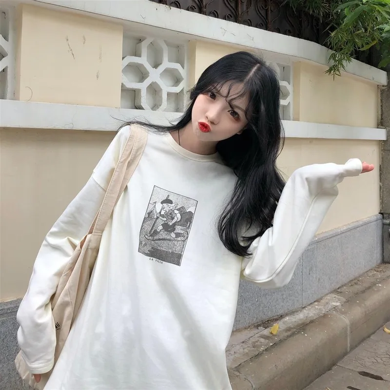 Футболка женская с длинным рукавом свободный хлопок Повседневная Элегантная