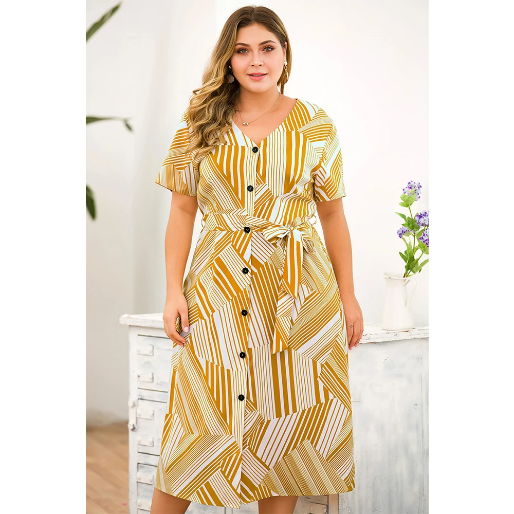 

Women Elegant Striped Dress Fashion Short Sleeve V-neck Clothes Plus Big Size Open Stitch Dresses Chic Party Vestido with Sashes