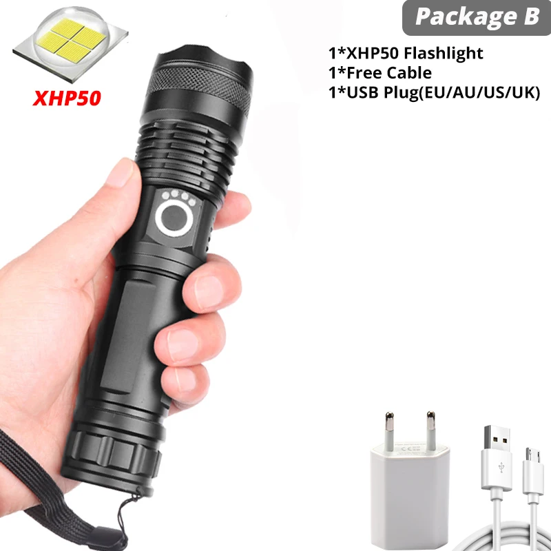 Супер мощный Xlamp XHP70.2 XHP90 светодиодный фонарь USB XHP50 лампа Zoom тактический фонарь 18650 26650 перезаряжаемый аккумулятор - Испускаемый цвет: Package B-XHP50