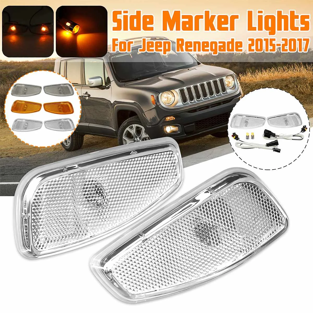 

Pair LED Side Marker Lights Turn Signal Indicator Lamp W/Cable Cover For Jeep Renegade 2015 2016 2017