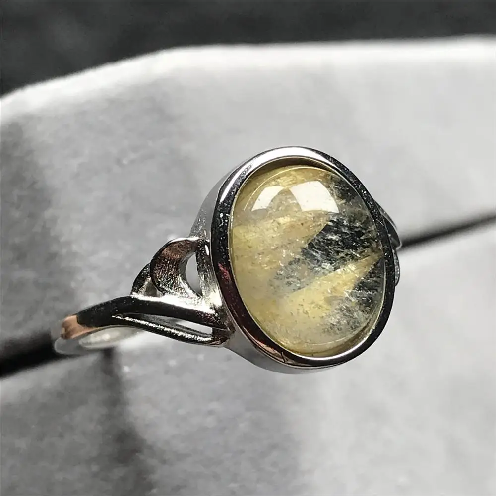 12x10mm Natural Gold Rutilated Ring For Woman Lady Man Crystal Beads Silver Quartz Gemstone Adjustable Size Jewelry AAAAA | Украшения и