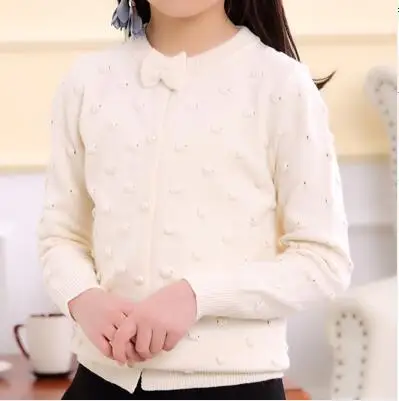 bow beige white Весенняя детская одежда свитера для девочек Повседневный однотонный вязаный кардиган с длинными рукавами для маленьких девочек; свитера для крупных детей - Цвет: bow beige white