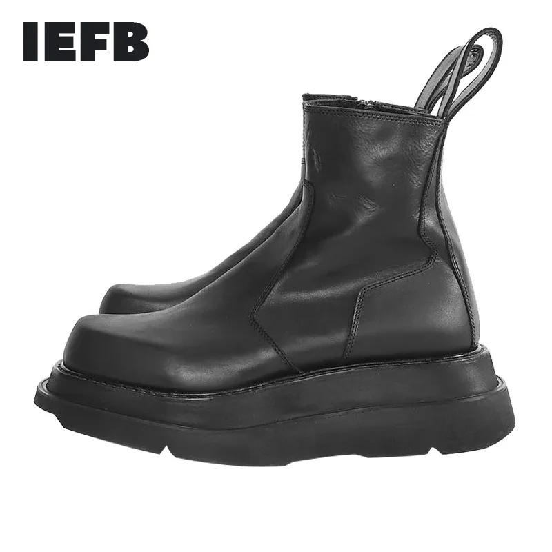 

IEFB Autumn Winter Thick Soled Men's Boots Short Boots Korean Fashion Men's Black Boots Leather Middle Top Male Leather Boots