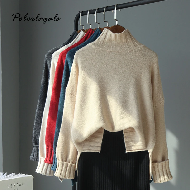 Осенне зимний свитер с высоким воротом и разрезом сбоку пуловер для женщин