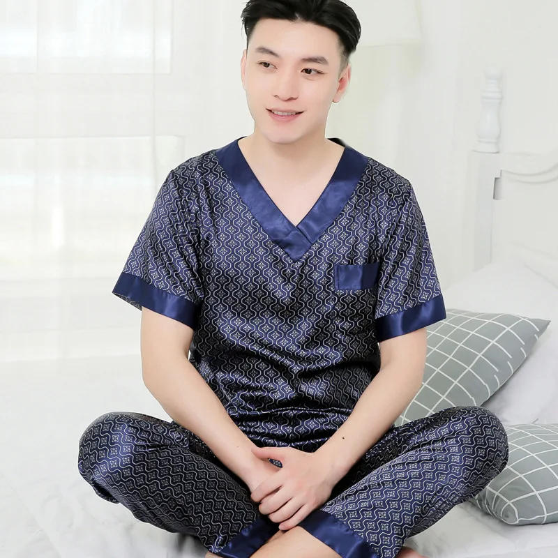 Men Pajamas Set V-Neck Pullover Stain Silk Pajama Man Soft Cozy Sleepwear Pyjamas Nightgown Trousers Sleeping Men Home Clothing