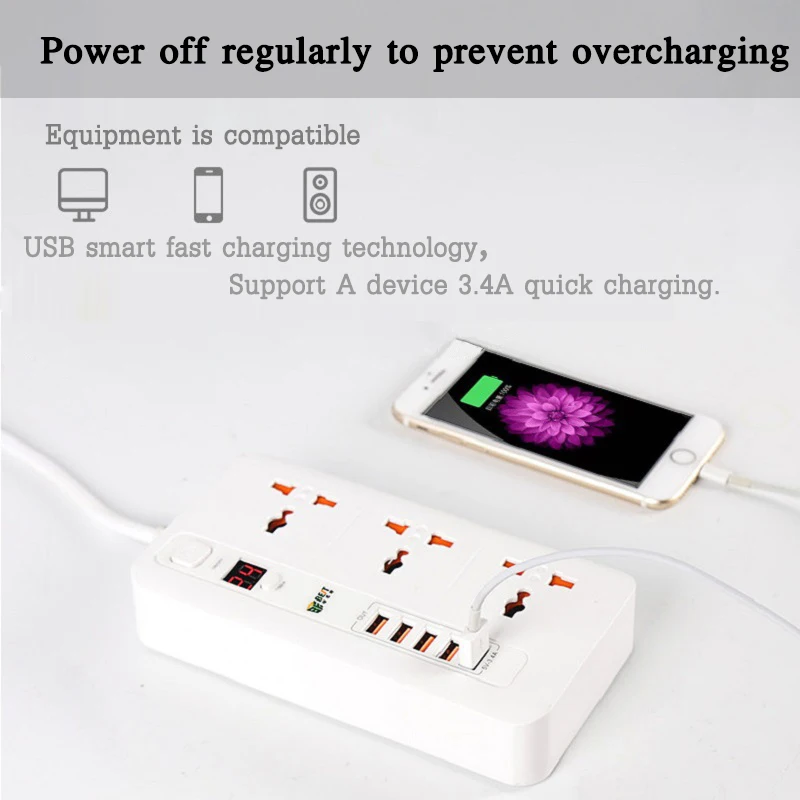 EU plug Smart Extension Socket Timer ON/OFF Surge Protector 3 AC Universal Outlet Power Strip 5USB 5V3.4A Quick charging | Обустройство
