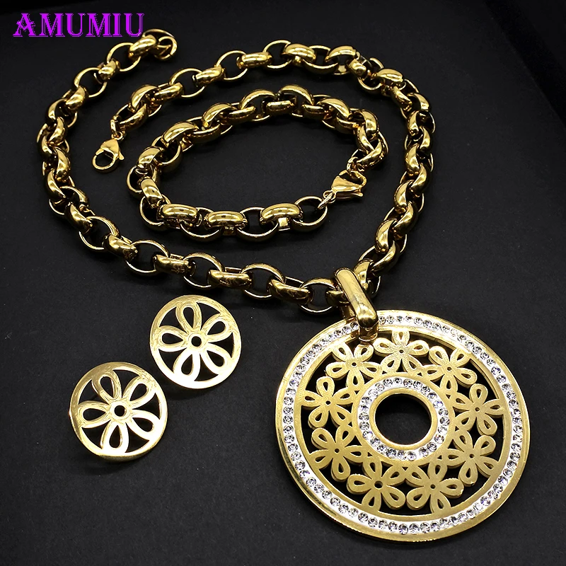 AMUMIU ювелирные изделия из нержавеющей стали Кристалл Цветок Круглое ожерелье +