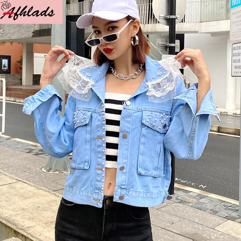 

Autumn Personality Stitching Lace Turn-Down Collar Beaded Cardigan Denim Coats Long Sleeve High Quality Fashion Jackets