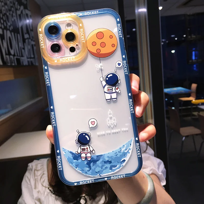 Astronaut Planet Stars Candy Color Phone Case For iPhone 13 12 11 Pro Max X XS XR 7 8 Plus SE 2020  Lens Protected Soft TPU Back