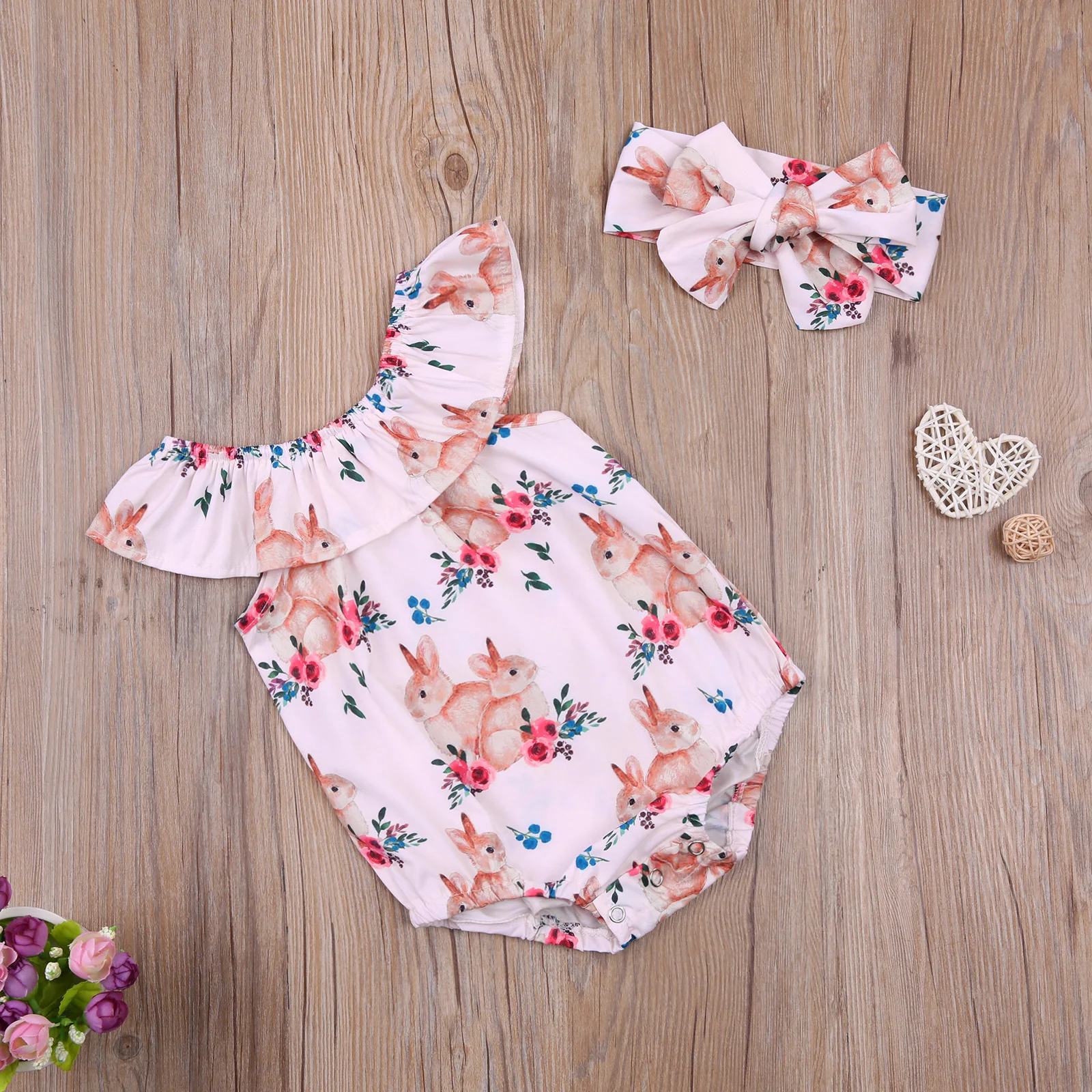 

2021 New Easter Spring 0-24M Baby Girl 2Pcs Set Bunny Print Floral Ruffled Round Collar Sleeveless Bodysuit+Headband Rabbit