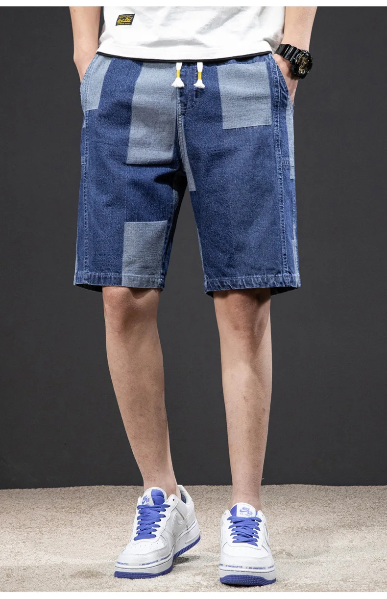 2021 Summer Men's Denim Knee Lenght Shorts Male Korean Style Stitching Casual Five-Point Pants Loose Straight Men Clothing M-8XL