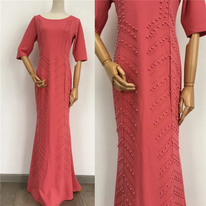 

African Clothes Women Half Sleeve O Neck Beading Elegant Ladies party wear Dinner Long Maxi Formal Evening white dress