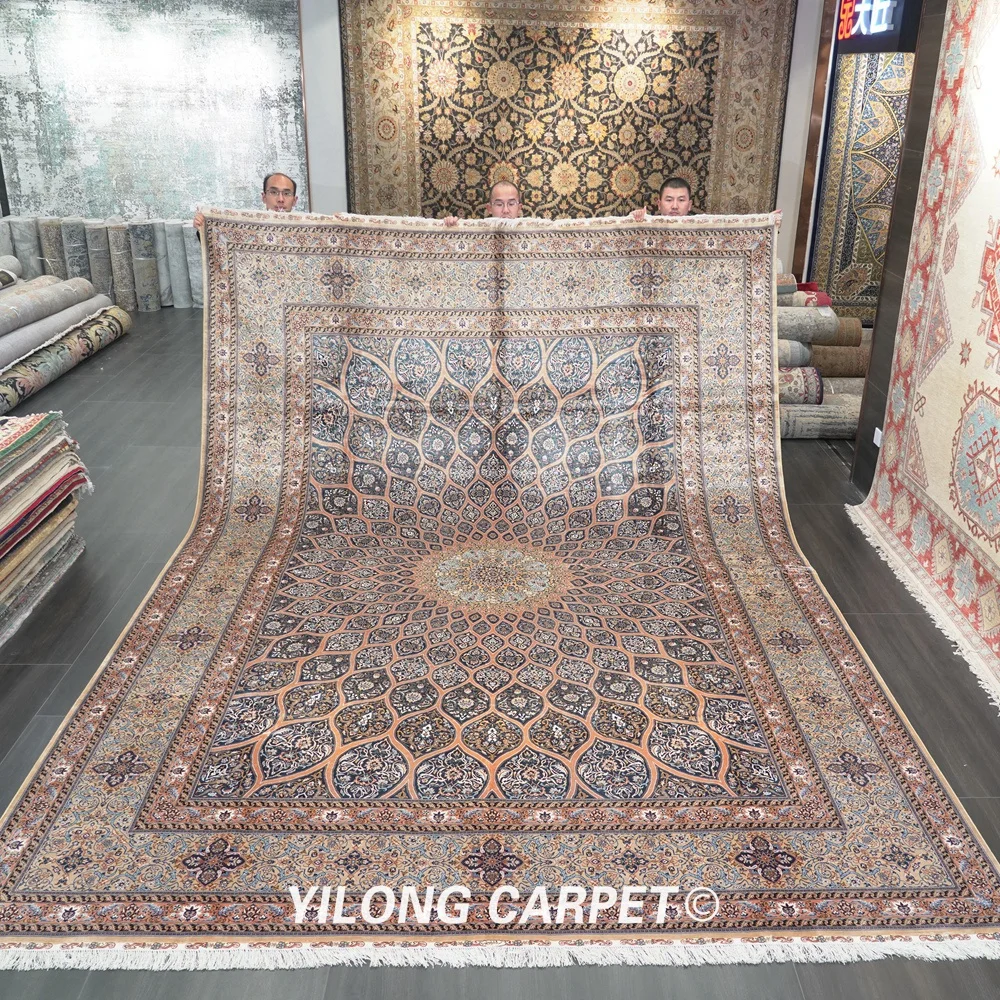 

Yilong 10'x14' Vantage Medallion Design Handmade Rug Large Hand Knotted Persian Silk Carpet (HF032A)