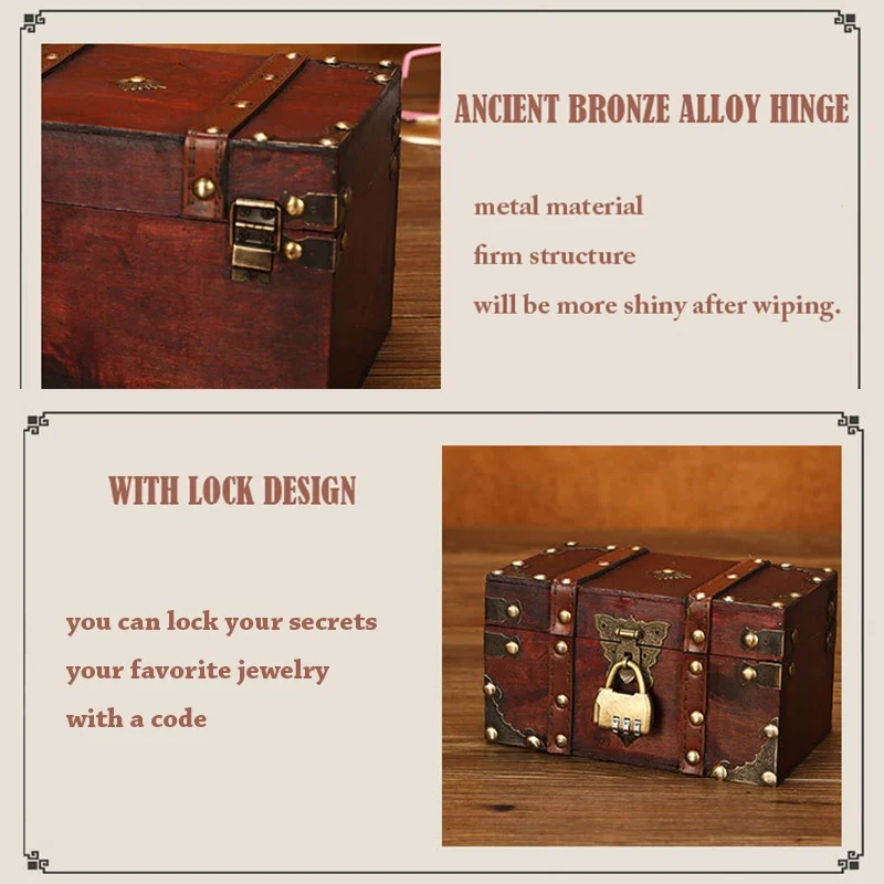 

Retro Treasure Chest with Lock Vintage Wooden Storage Box Gift Jewelry Organizer