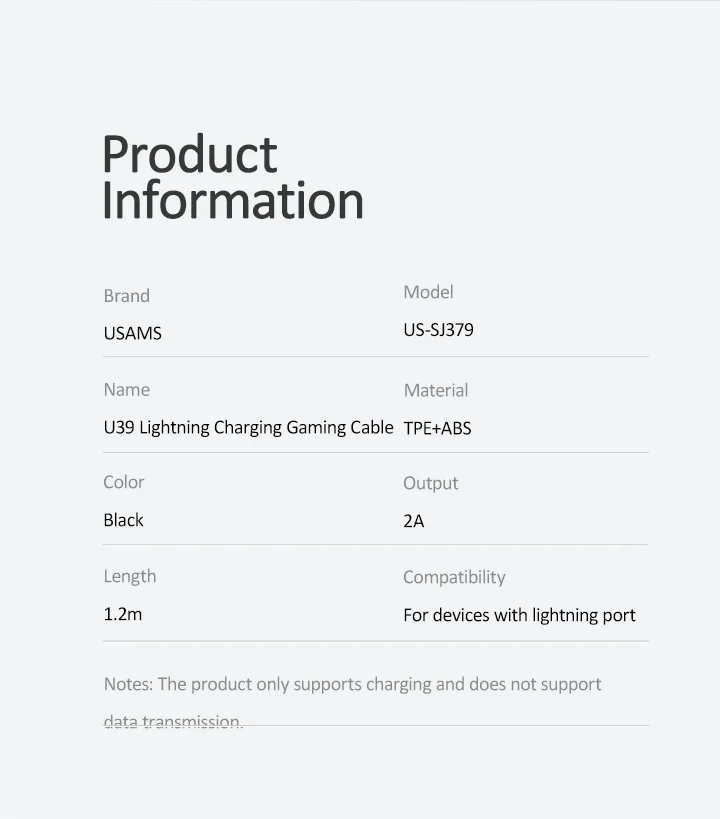 Кабель USAMS type-C 5V-2A для быстрой зарядки USB C, игровой usb-кабель, 180 градусов, быстрая зарядка для iPhone samsung S9 S8