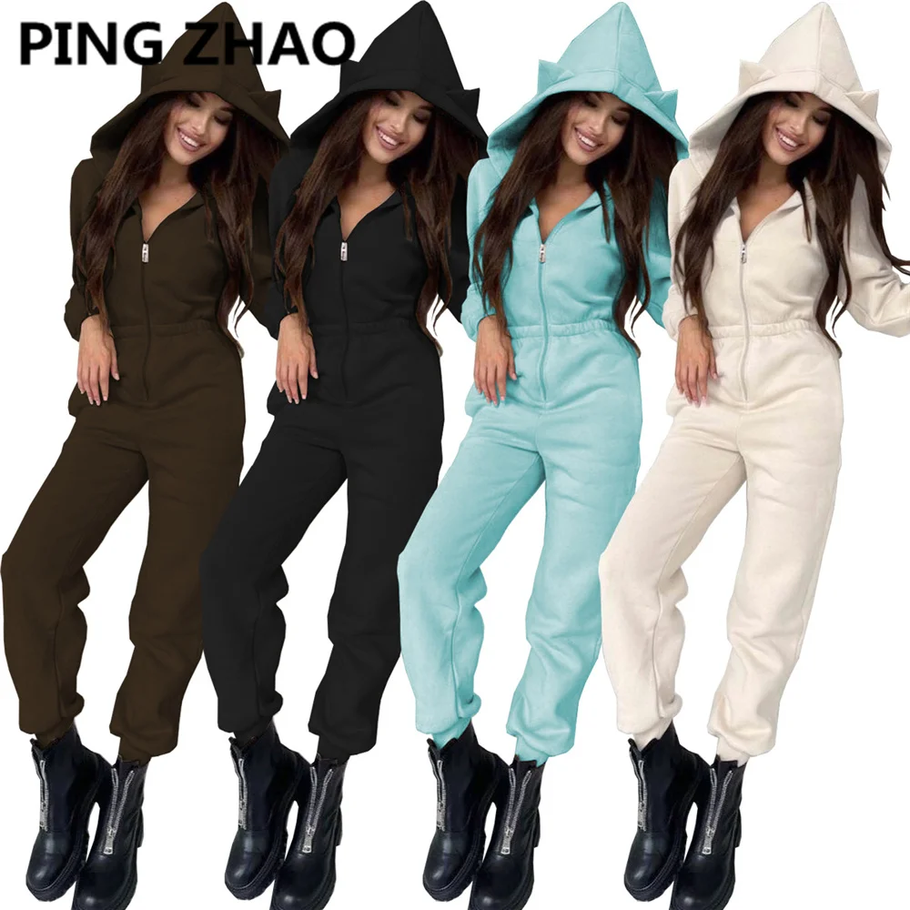 

PING ZHAO Women Long Sleeve Hooded Jumpsuit Autumn Winter Casual Zipper Solid Skinny Sweatshirt Rompers