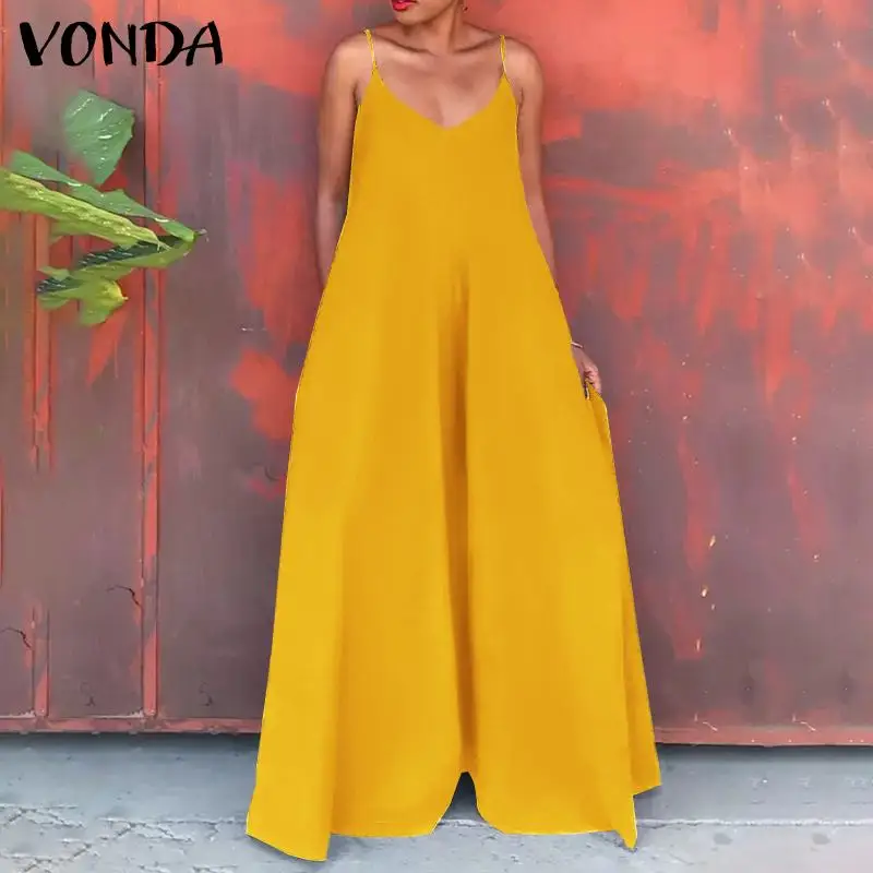 

Women Long Jumpsuits VONDA 2021 Wide Leg Pants Long Rompers Palazzo Pants Dungaree Sexy Sleeveless Pantalones Overalls