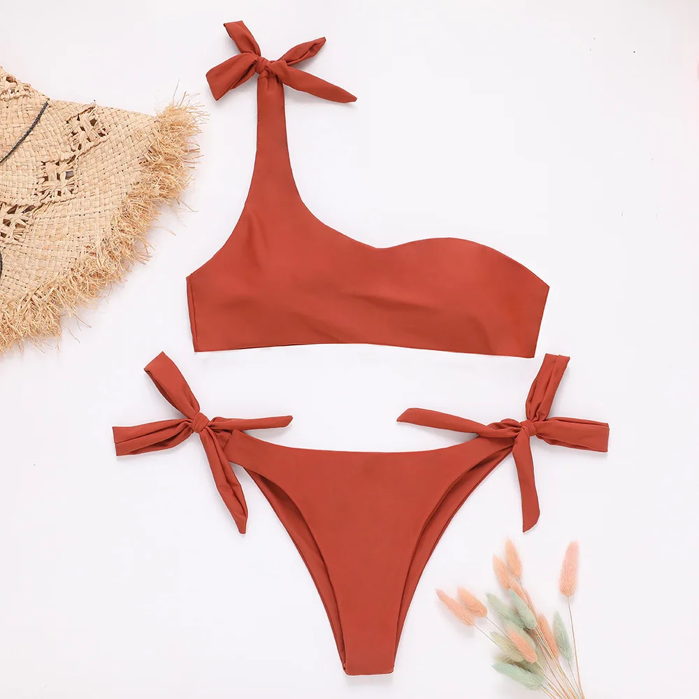 

Amazon AliExpress Foreign Trade Hot Selling Pure Color Bikini Swimwear Shoulder Lace-up Two-piece Swimsuits