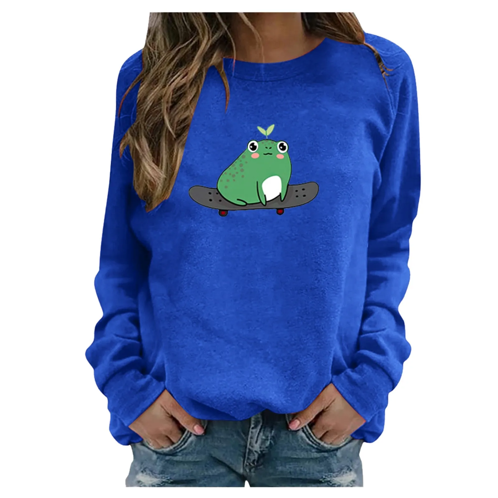 59# Spring Autumn Womens And Men Casual Long Sleeve Print Pullover Sweatshirt Tops Blouse Green Leaf Frog Round Neck Sweatshirts