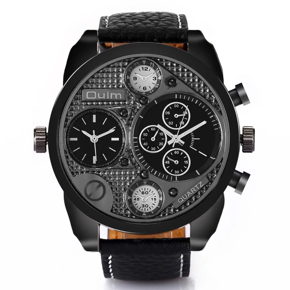 Мужские часы OULM с двумя часовыми поясами мужские спортивные кожаным ремешком