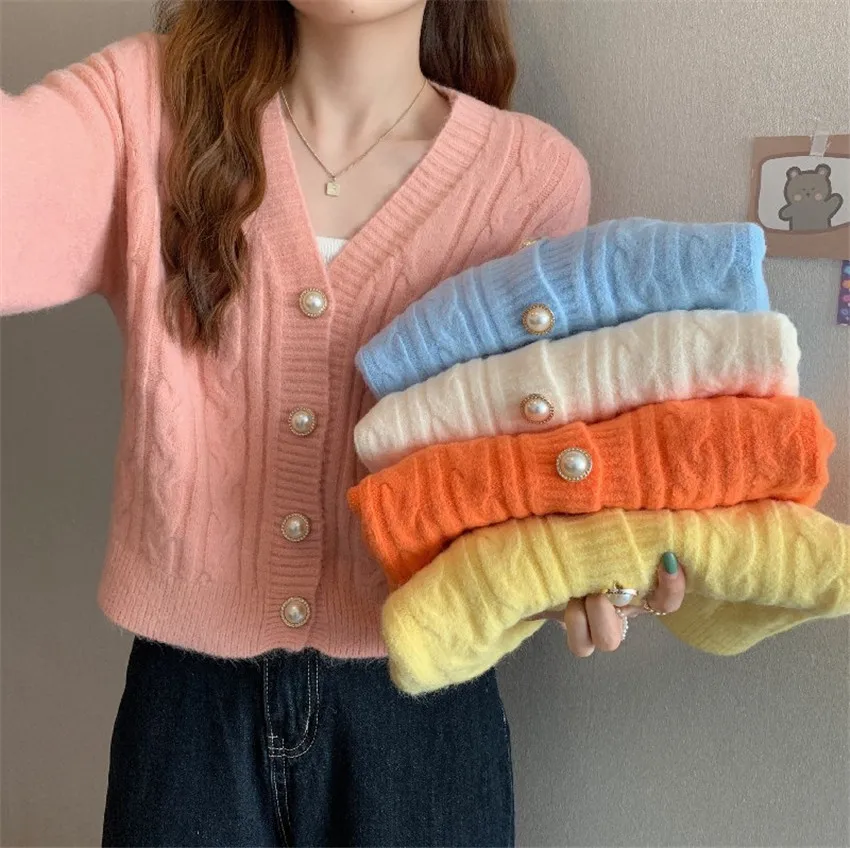 

Autumn Winter Sweater Cardigan Korean Fashion Candy Color Knitted Cardigans Mujer Crop Top Pearl Button Sweaters Pull Femme