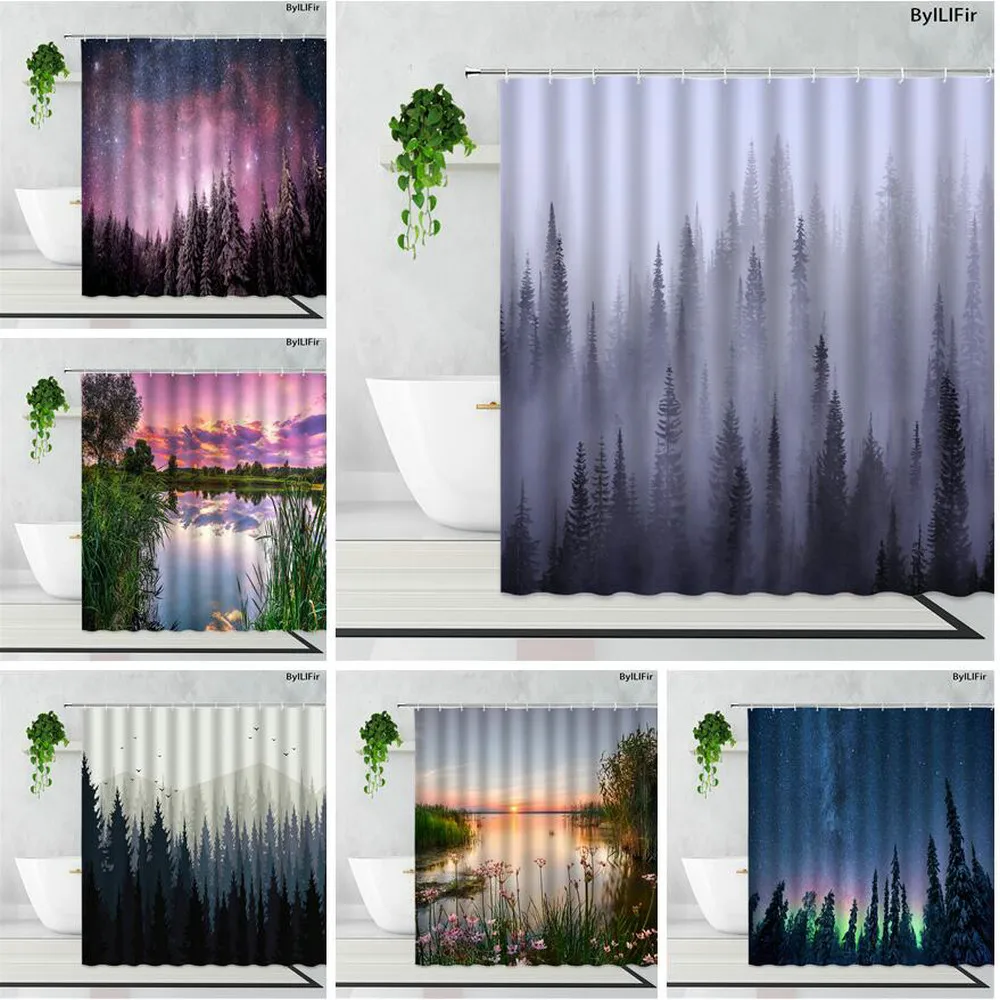 Занавеска для душа с изображением леса, тяжелых туманов, s ткань, полиэстер, занавеска для ванной с крючками, 3d принт, занавеска для ванной с Е...