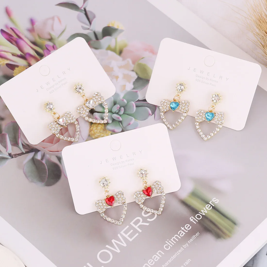 

Korean Romantic Sun Bow-Shaped Love Heart-Shaped White Zircon Pendant Earrings Women's Ear Decoration Eardrops Jewelry Accessory