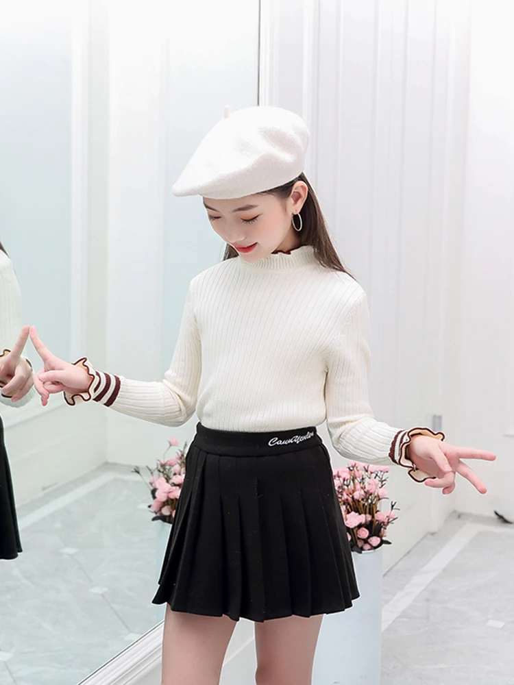 Baby Girls Ribbed Fitted Sweater 2020 Kids Knitted Sweaters Solid Color Pearl Autumn Fashion Children Clothing | Мать и ребенок