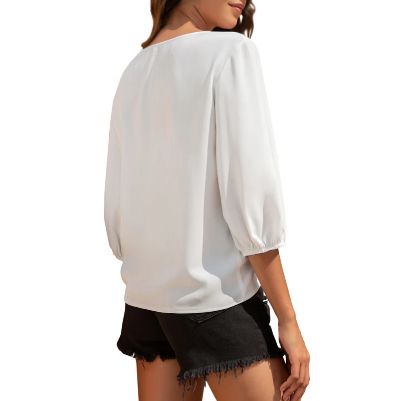 

Summer V-neck Casual Blouses Fashion Draw Rope Chiffon Shirt Short Sleeve Blouses Tops