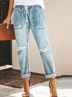 fashion distressed knee ripped women summer holes loose trouser drawstring elastic waist pockets long pencil denim jeans pants