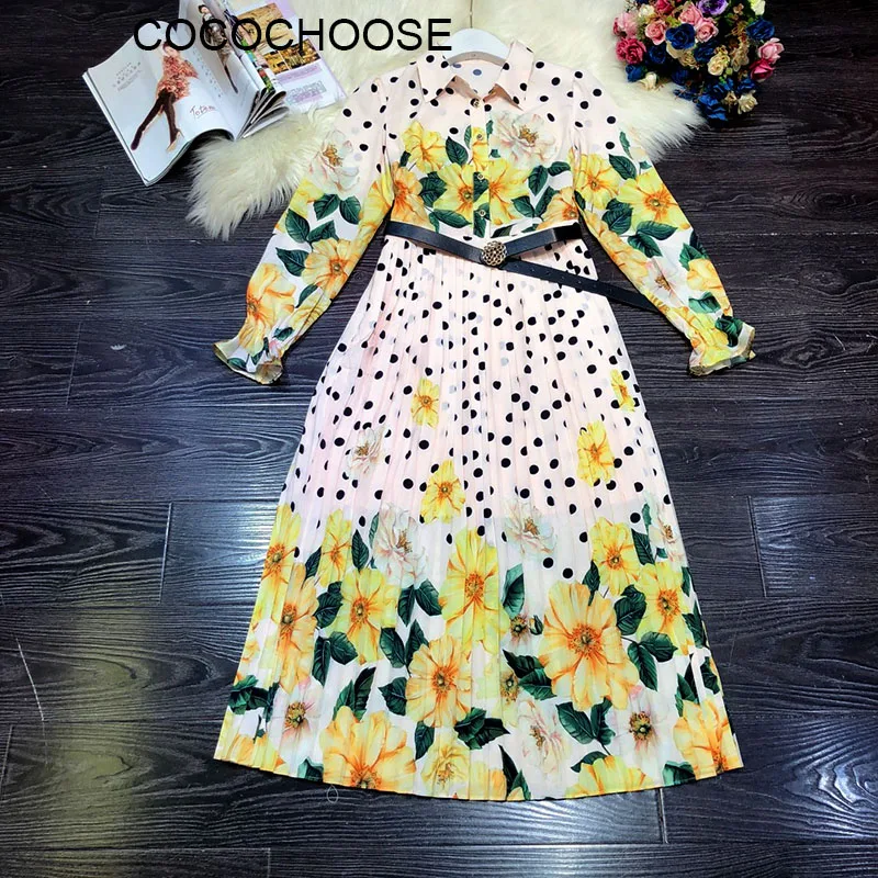 

Floral Dress 2022 Fashion Women Robe Turn Down Collar Slim Waist Elegant Dot Long Sleeve Pleated Midi Dresses Party Vestido