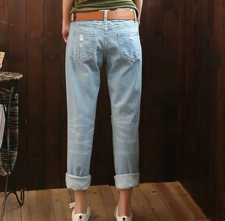 Женские рваные джинсы джинсовые шаровары до щиколотки брюки карандаш большие