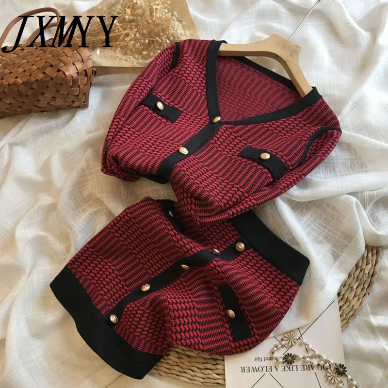 

JXMYY Xiaoxiangfeng Модная трикотажная Женская юбка из двух частей новинка осень 2021 контрастные цвета с V-образным вырезом в западном стиле Красная с...