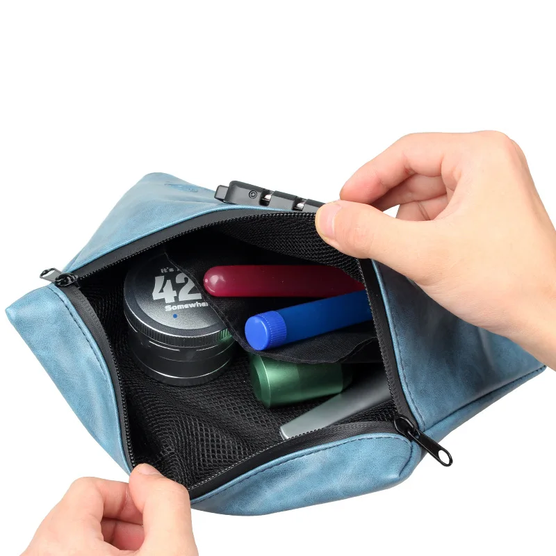 

Smell Proof PU Leather Storage Bag With Lock Travel Storage Pouch For Cigarette Pipe USB Data line Cosmetic Earphone Tobacco Bag