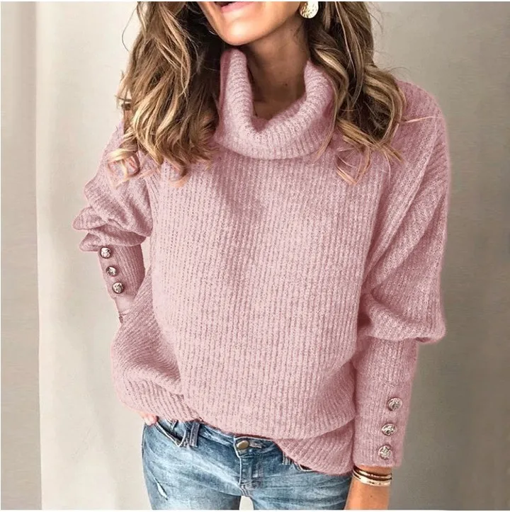 

Autumn Winter Women's Sweater High Collar Cuff Button Top Elegant Long Sleeve Knitting Pullovers Female Sweater