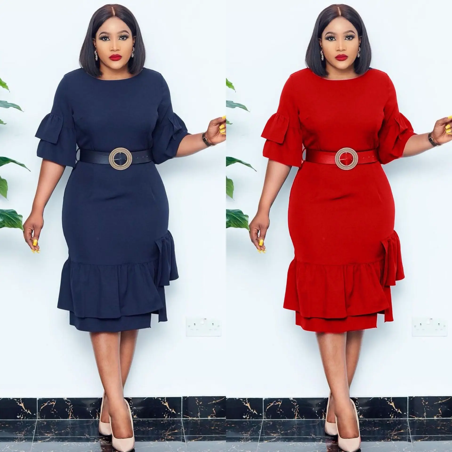 

Women's Dress Sexy Slim Solid Color Round Neck Five-Point Sleeves African Mother Dress Ruffle New Unique Design Prom Vestidos